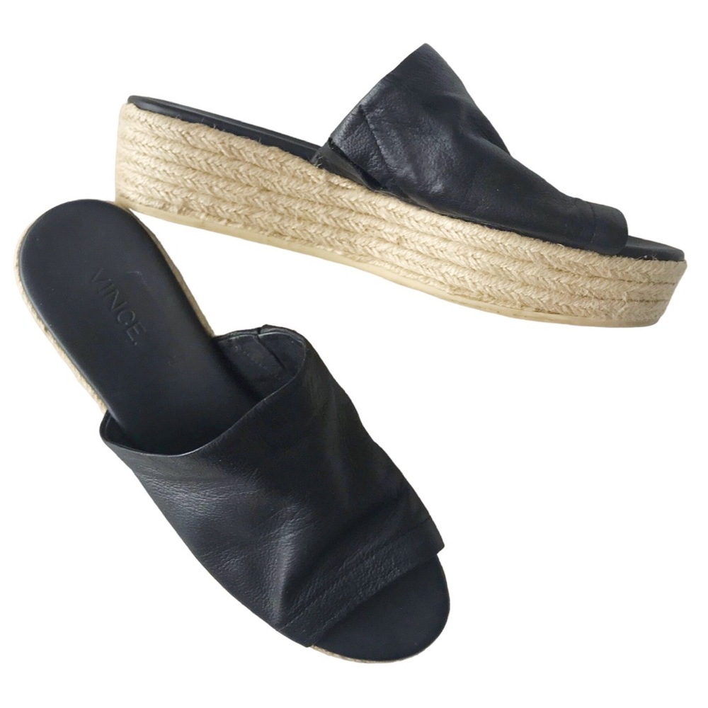 Vince Leather Solana Platform Flatform Woven Slides Espadrilles Sandals Black 8